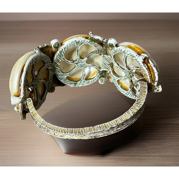 Vintage White Enamel Faux Pearl W/Aurora Borealis Stones Clamper Bracelet . - Picture 5 of 6